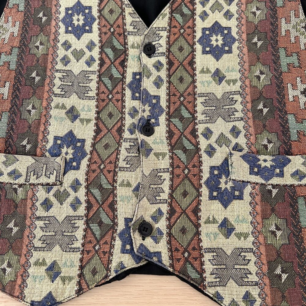 Vintage 90s Tapestry Waistcoat Vest Aztec Southwestern Tribal Pattern Men's XL - Picture 6 of 16